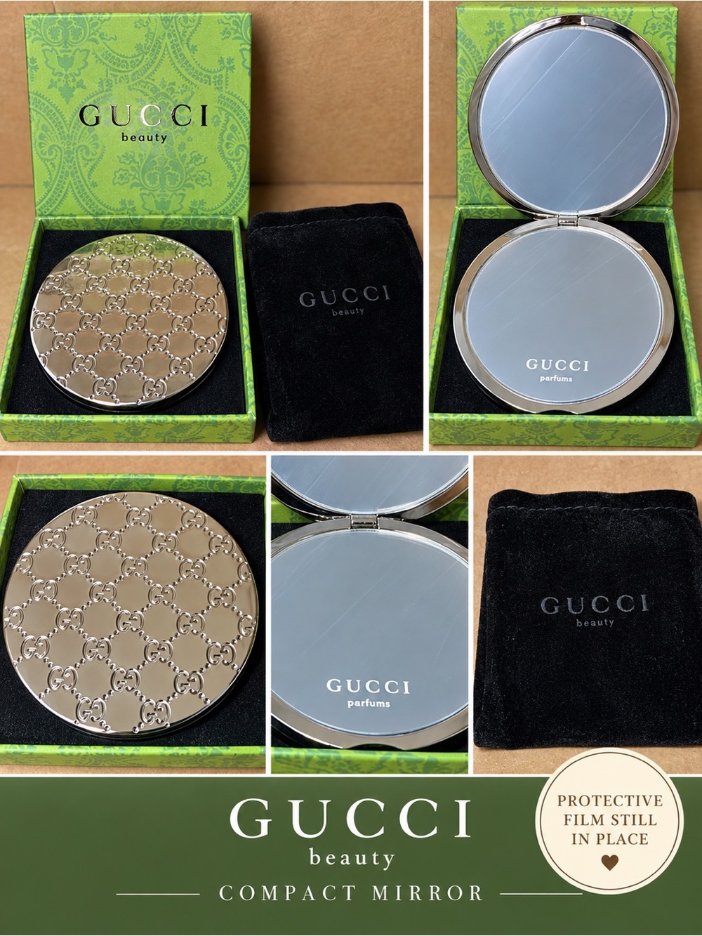 Gucci Beauty GG Monogram Silver Compact Mirror w/ Box & Pouch NIB